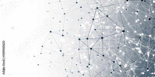 A futuristic visualization of a digital network, where countless nodes and connecting lines create a web of communication. Soft glowing points represent data hubs, while thin strands weave across a mi