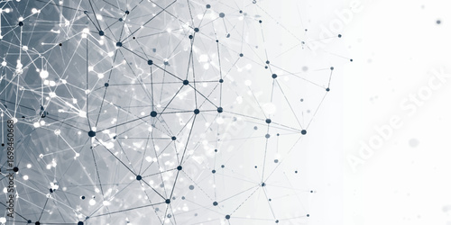 A futuristic visualization of a digital network, where countless nodes and connecting lines create a web of communication. Soft glowing points represent data hubs, while thin strands weave across a mi