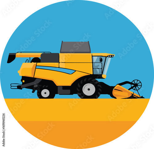 A yellow harvester on a field under a blue sky