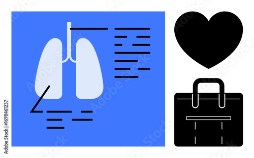 Lungs diagram with analysis chart, next to a heart shape and briefcase icon. Ideal for healthcare, anatomy, medical research, workplace wellness, cardiology, lung health, simple flat metaphor