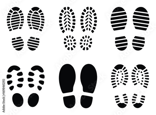 Collection of Diverse Black Footprint and Shoe Sole Imprints on White Background