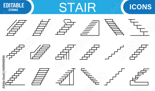 Minimalist outline stair icon collection with flights, pathways, ladders, and stairway illustrations