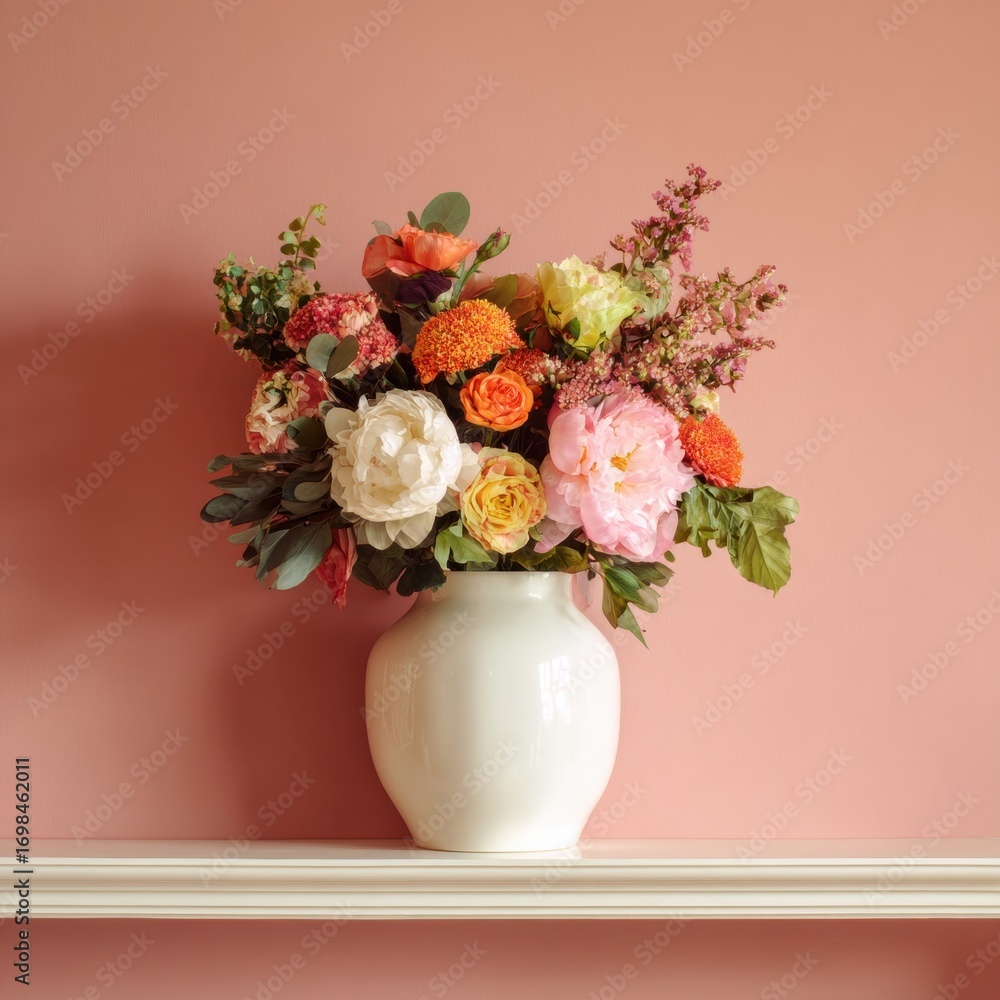 Obraz premium Pastel Flower Bouquet in White Vase on Pink Wall