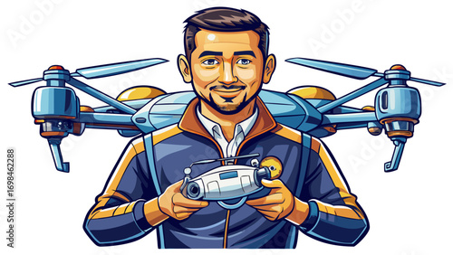 Close-up portrait of male drone engineer holding a quadcopter. Isolated white background highlights aerodynamics, design, and aerial innovation.