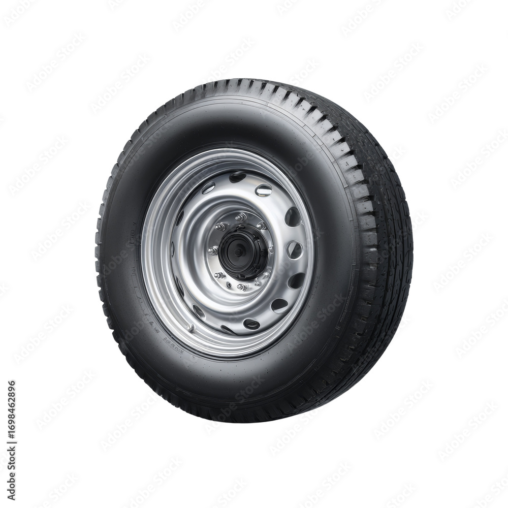 Obraz premium Automotive component showcasing an isolated steel rim and pneumatic tire for transport design
