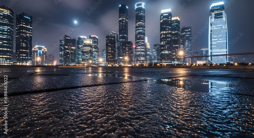 Obraz premium Night city lights reflected in wet pavement providing a stunning urban scene