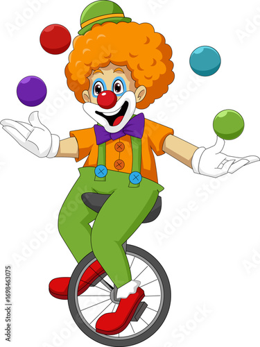 Funny Cartoon Clown Juggling on Unicycle