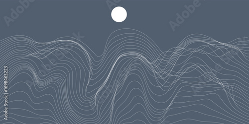 Mountain line art wallpaper. Contour drawing luxury scenic landscape, hills, moon. Panorama view of mountain design illustration for cover, invitation background, packaging design, banner and print.