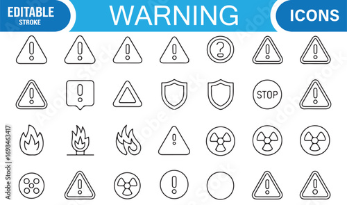 Protective and preventive caution icons with fire warning, toxic symbol, stop sign, and safety shield