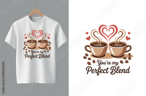 Adorable Coffee Lover's Tee Design A Heartwarming Graphic Featuring Two Cups of Coffee, Steam, and a 'Perfect Blend' Message, Ideal for Comfort and Love