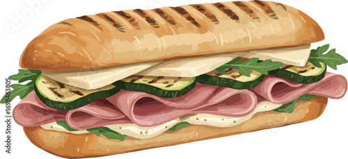 Ham and Smoked Mozzarella Panini with Parmesan Sauce Vector