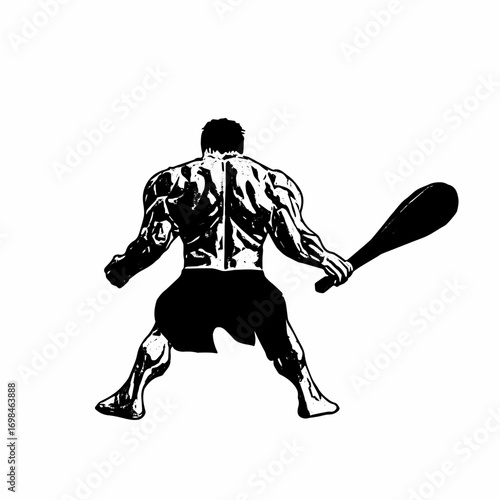 Silhouette of a muscular man holding a bat in dynamic pose.