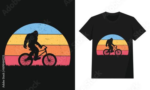 Bigfoot Riding Bicycle Retro Sunset | Funny Sasquatch Cycling T-Shirt