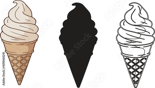 Three ice cream cones in different styles of art