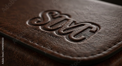 Closeup of embossed leather with SMC logo  SALVATORE text stitched seam visible