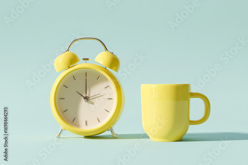 Yellow alarm clock and matching coffee mug on wooden tray.
