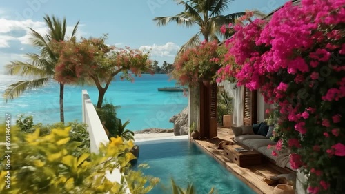 Paradise by the sea: A sun-drenched coastal sanctuary, boasting an alluring turquoise sea, a picturesque villa, and vibrant bougainvillea.