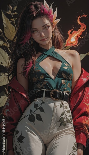Beautiful woman character, futuristic look. abstract-looking style