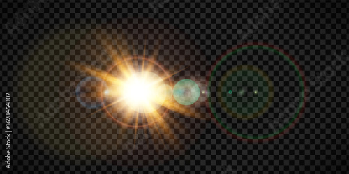Sun halo flare effect with transparent glow burst and golden sunshine rays. Summer starburst pattern or vibrant lens overlays for seasonal backgrounds. Optical beam particles or brilliant fade effect.