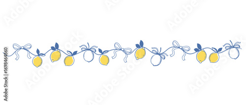 Decorative lemon garland with ribbons and leaves. Outline vector border for Mediterranean, Italian, summer, citrus, holiday, or kitchen design. Isolated illustration
