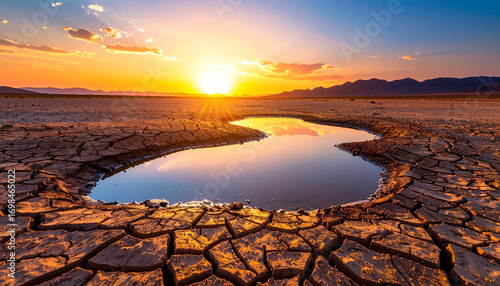 Cracked desert ground with reflective water pool at sunset, dramatic sky, arid landscape, warm colors, serene mood, distant mountains, nature beauty