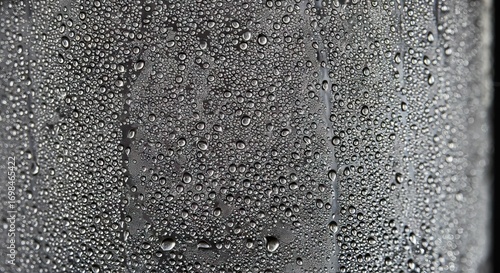 Numerous water droplets cover a gray flat surface Streaks run vertically where moisture has condensed