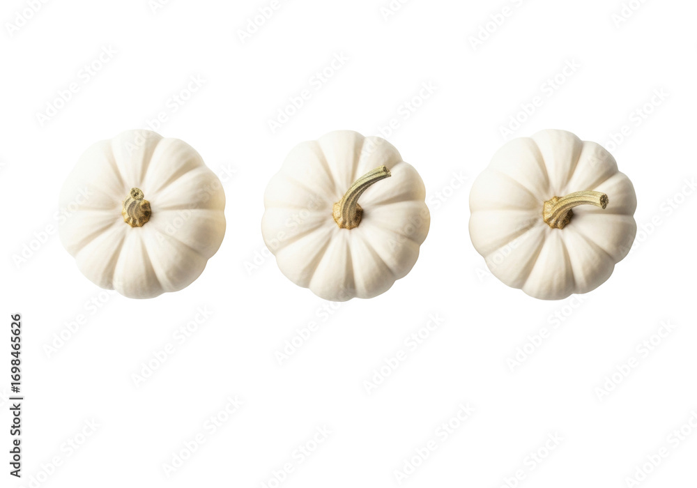 Obraz premium Three white miniature 'Baby Boo' pumpkins with brown stems in a straight row on a bright white background with 'happy thanksgiving' text, minimalist Thanksgiving holiday concept