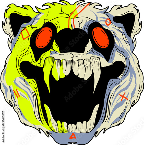 Aggressive roaring bear monster head with neon colors and gaming controller symbols.