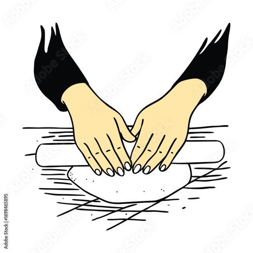 Print Bakers hands kneading dough vector.