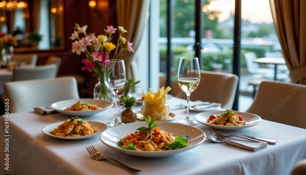 Fototapeta premium a restaurant setting at dusk with an indoor dining area
