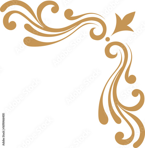 Elegant golden brown corner ornament with flowing calligraphic swirls and a leaf motif.