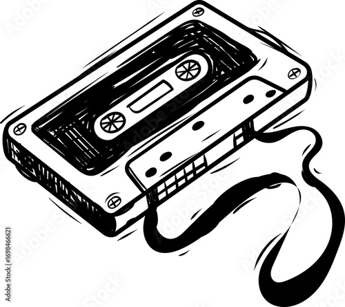 HandDrawn Black and White Cassette Tape with Tangled Ribbon.