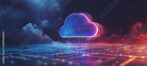 Futuristic cloud computing concept with glowing neon lights, symbolizing data storage, connectivity, and digital transformation in technology