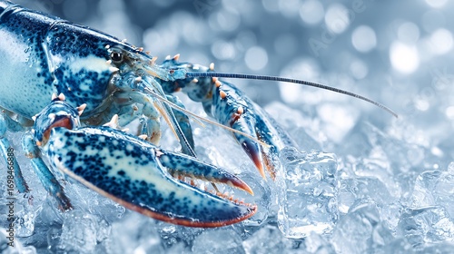 A vibrant blue lobster resting on crystal ice cubes in a cold seafood display