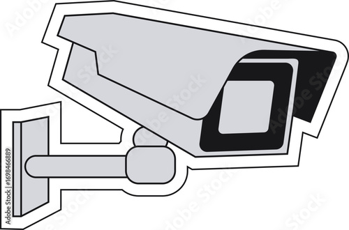 Sleek grey and black security camera illustration wallmounted with a prominent lens.