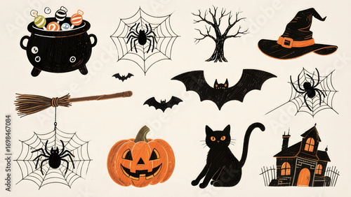 A halloween cauldron spider web witch hat broom bat pumpkin black cat haunted house spooky tree festive