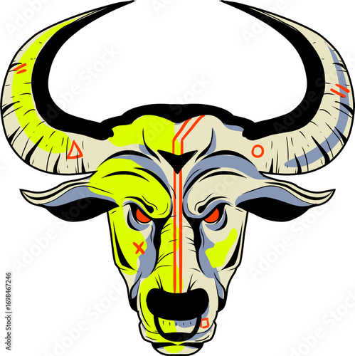 Stylized Electric Yellow Bull Head with Red Accents and Geometric Markings.