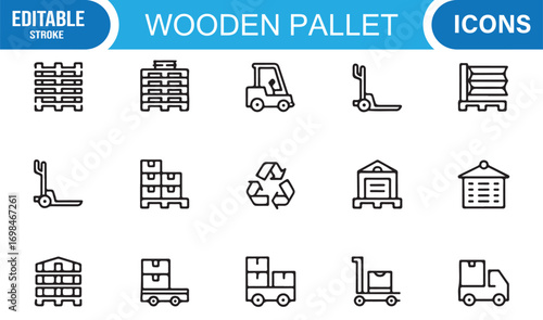 Shipping and warehouse vector icons pack with wooden pallets, trucks, and packaging equipment in outline style