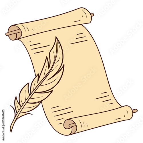 Print Hand Drawn Illustration of a Scroll and Quill Pen an Isolated Vector Icon for Writing