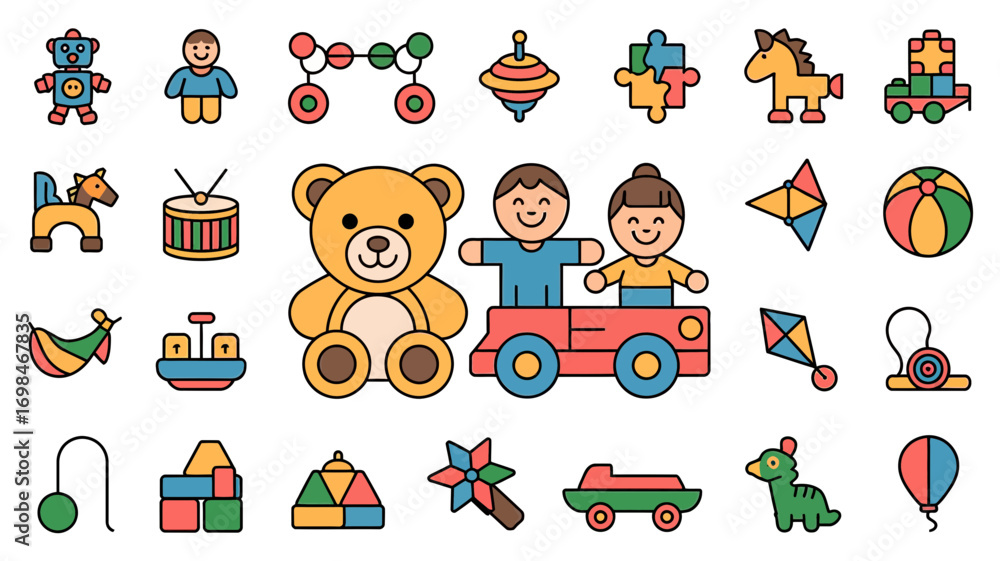 Fototapeta premium Colorful Children's Toys Icon Collection