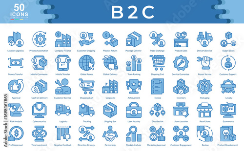 b2c icon set blue style collection. Containing global access, invoice, inventory, logistics, tracking, ecommerce, supply chain, loyalty, team ranking, review, partnership