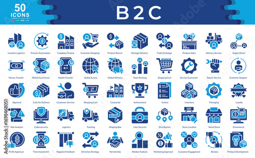 b2c icon set color fill style collection. Containing global access, invoice, inventory, logistics, tracking, ecommerce, supply chain, loyalty, team ranking, review, partnership