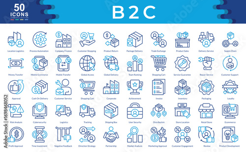 b2c icon set color outline style collection. Containing global access, invoice, inventory, logistics, tracking, ecommerce, supply chain, loyalty, team ranking, review, partnership