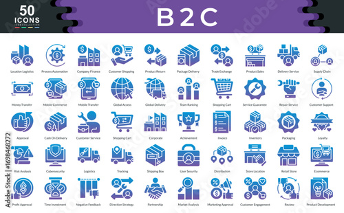 b2c icon set glyph gradian style collection. Containing global access, invoice, inventory, logistics, tracking, ecommerce, supply chain, loyalty, team ranking, review, partnership