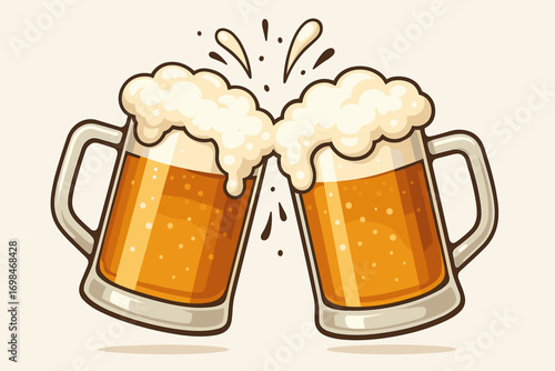 Clinking Beer Glasses with Foam Splash – Cheers Celebration Vector Illustration