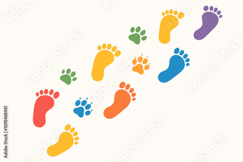 Colorful Footprints and Paw Prints – Human and Animal Steps Vector Illustration