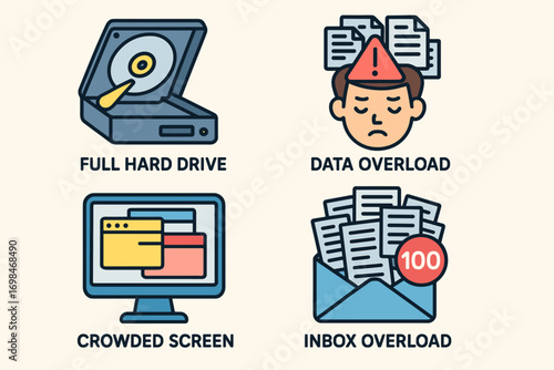 Data and Inbox Overload Icons – Digital Stress, Full Hard Drive_simple_compose