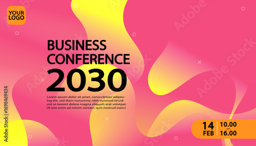 Fluid pink and yellow gradient waves form a vibrant background for a business conference banner. This modern, abstract design is ideal for promoting tech or creative industry events.