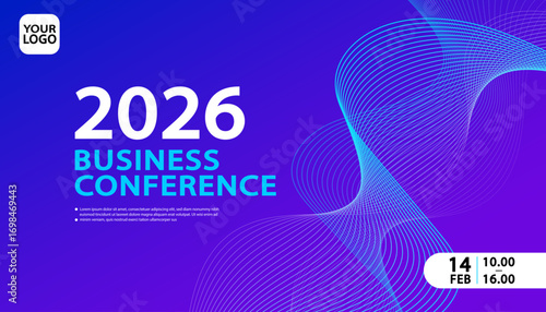 Dynamic blue and purple wireframe lines create a futuristic background for a 'Business Conference 2026' banner. This modern, abstract design is ideal for promoting tech, data, or innovation events.