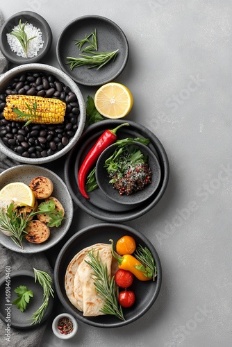 Wallpaper Mural Assorted fresh vegetables, spices, and grilled corn on gray background Torontodigital.ca